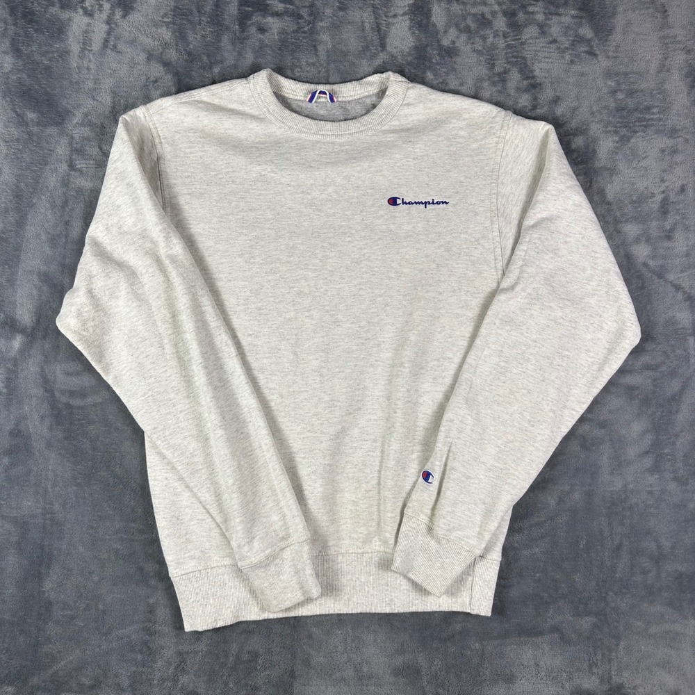 Champion Mens Crewneck Sweatshirt Light Heather Gray Script Logo Small